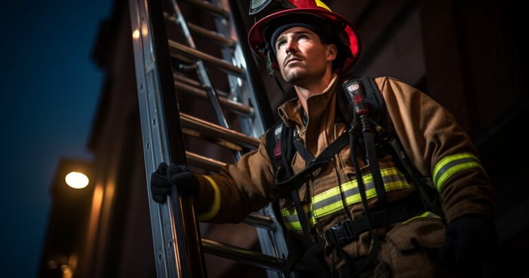 Firefighter Climbing A Ladder With Tools
