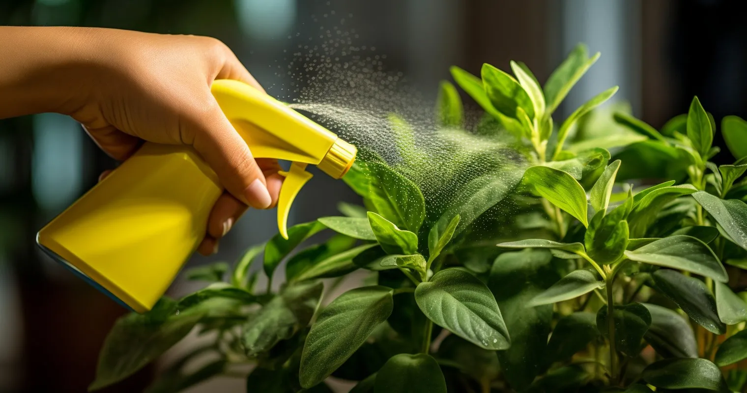 Hand Spraying Neem Oil On Houseplant Leaves