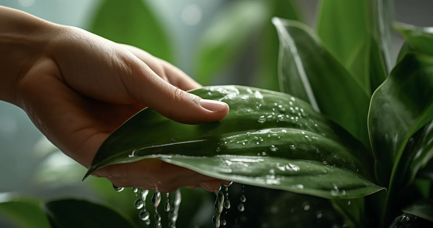 Hand Gently Wiping The Leaves With A Damp Cloth