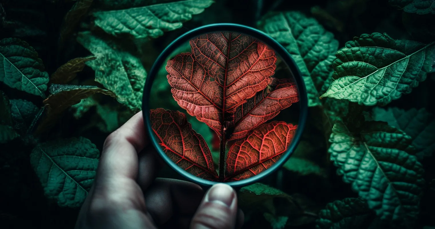 Hand Holding Magnifying Glass Over Blackened Leaves With Pests