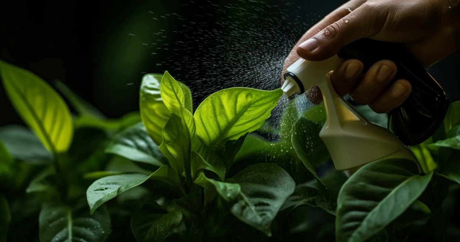 Hand spraying Neem Oil On Lush Green Leaves
