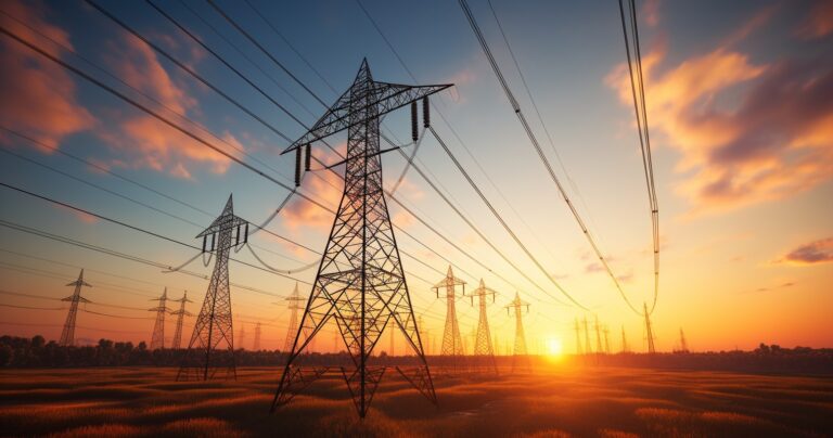 High Voltage Power Lines At Sunset