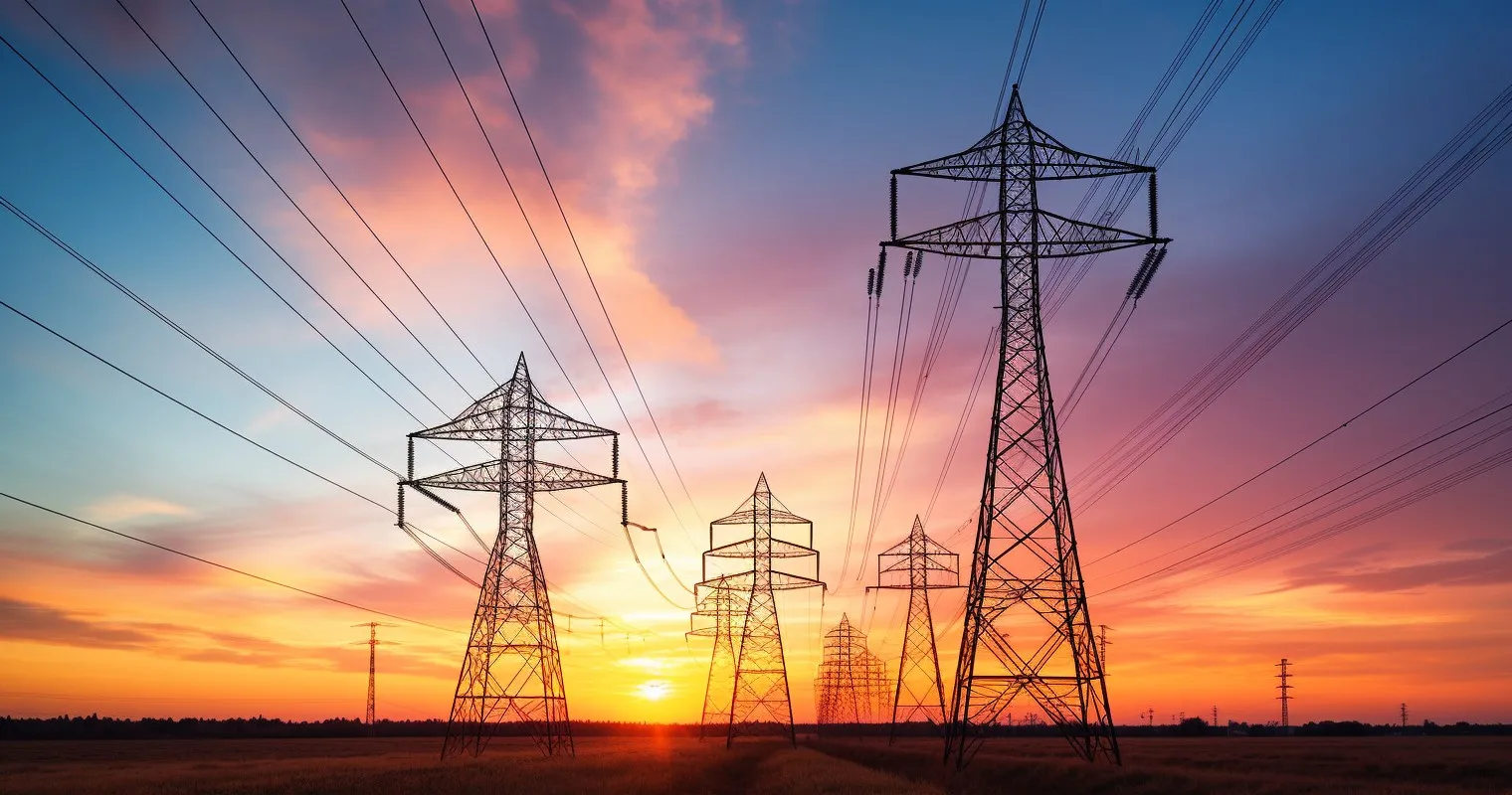 High-Voltage Power Lines Against The Sunset Sky