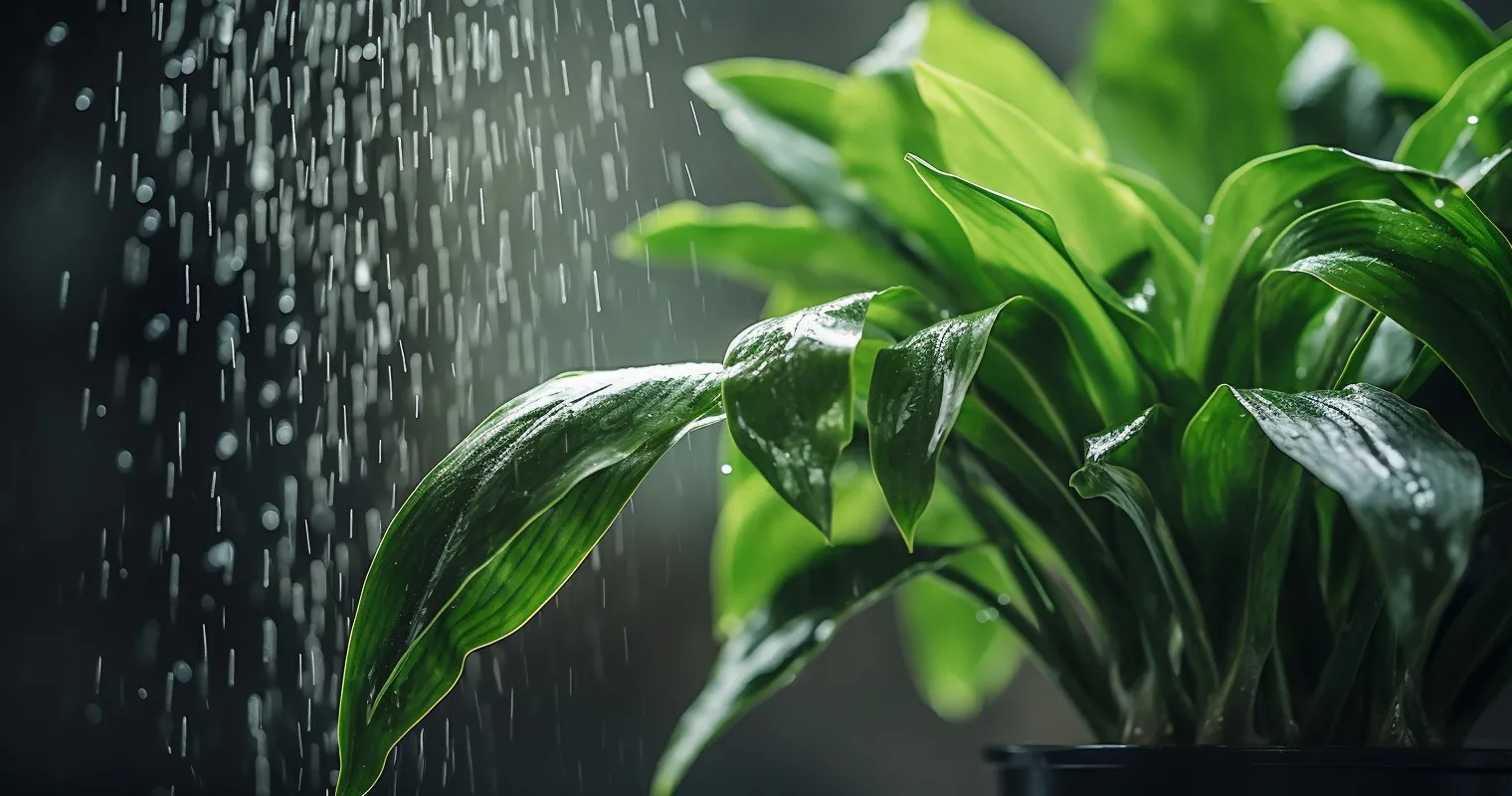 Houseplant In The Shower With Water Droplets.