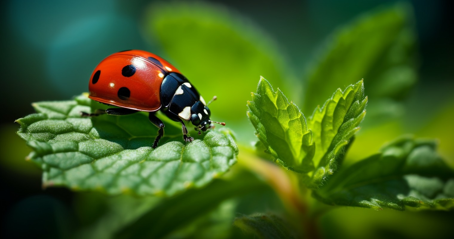 Ladybug Perched On A Mint Olant, Guarding Against Ants