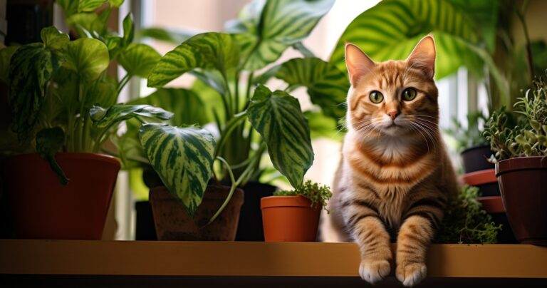 Lush Green Houseplants And A Curious Cat Coexisting