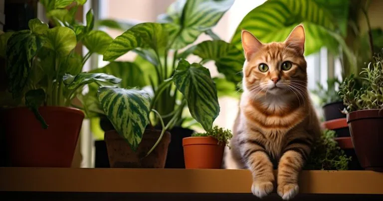 Lush Green Houseplants And A Curious Cat Coexisting