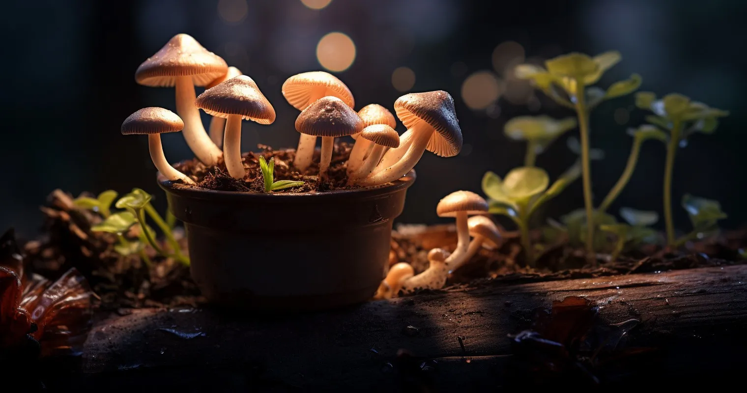 Mushrooms In Houseplant Pot At Night