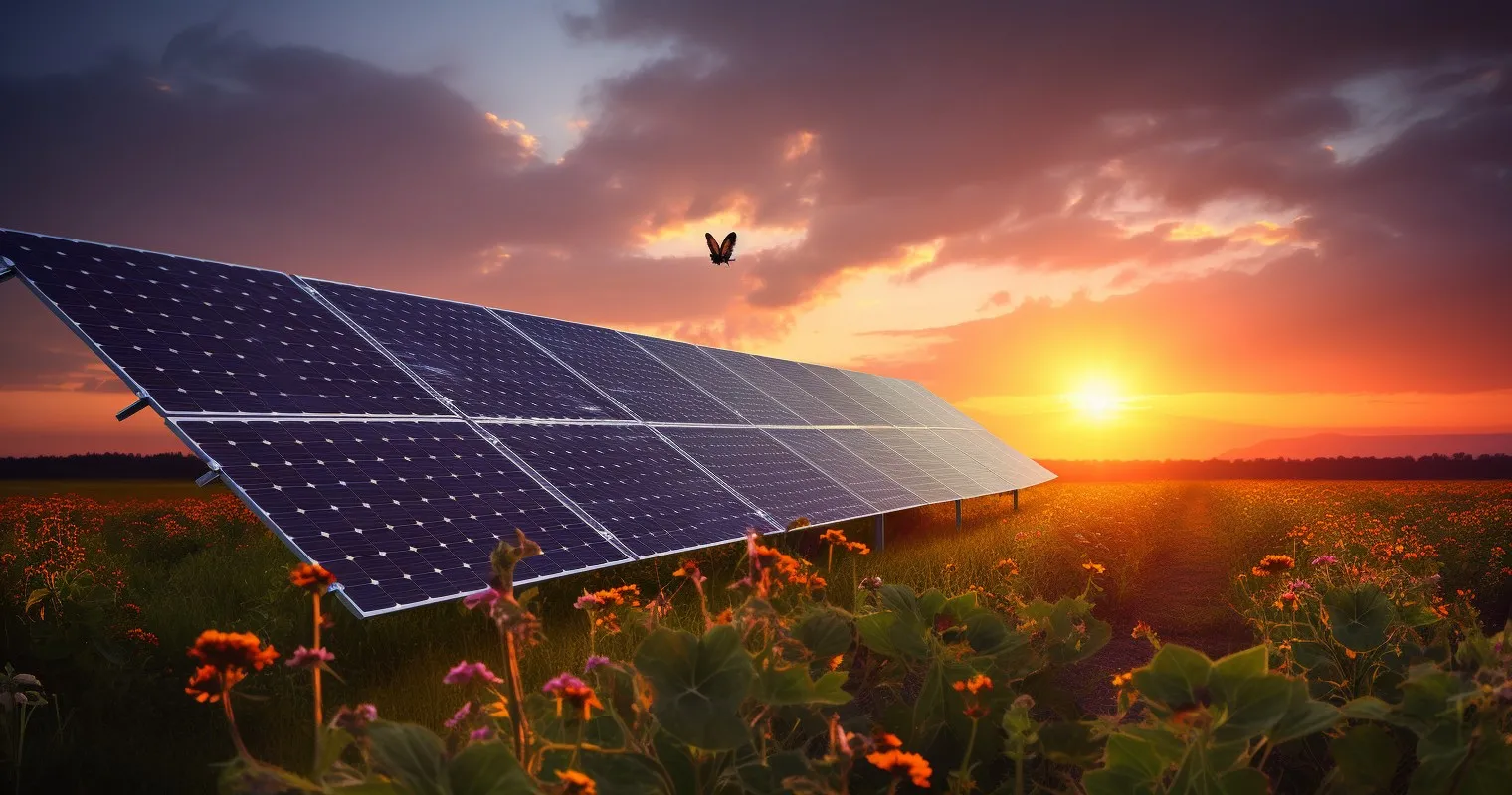 Solar panels and wind turbine against a vibrant sunset