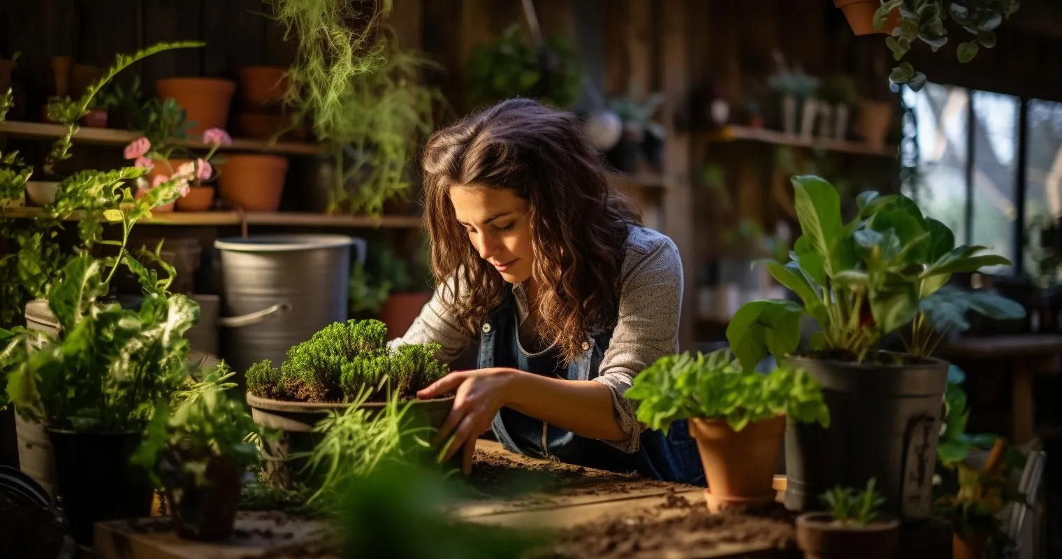 Woman Meticulously Repotting A Flourishing Houseplant