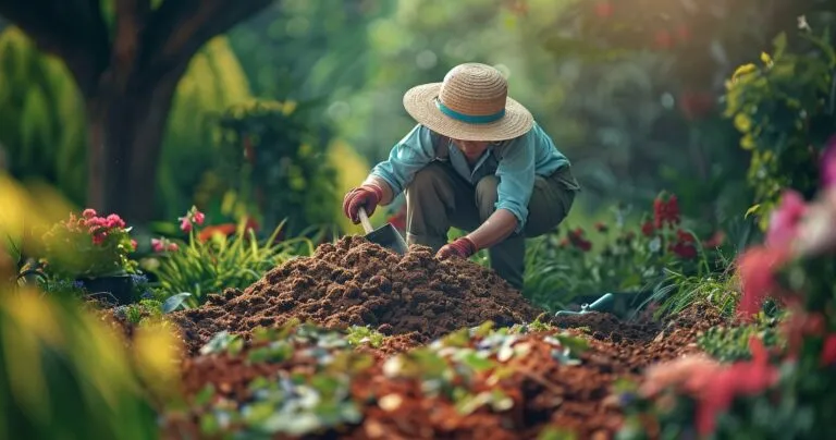 Gardener spreading mulch in a garden