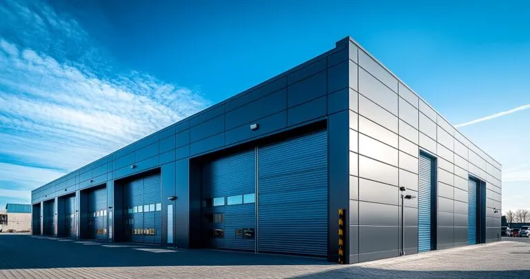 metal garage with blue sky background