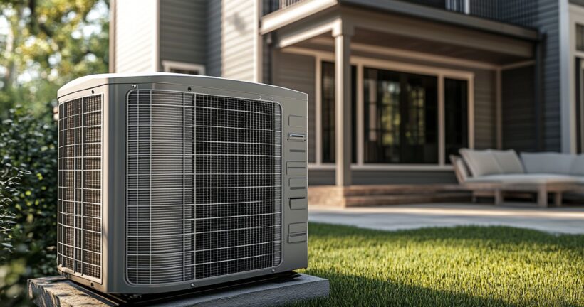 A sleek modern heat pump installed outside a home