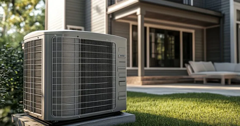 A sleek modern heat pump installed outside a home