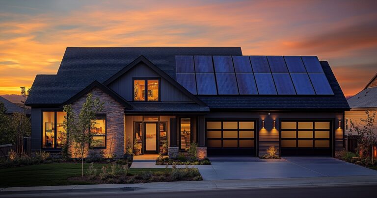 Modern home with rooftop solar panels at sunset
