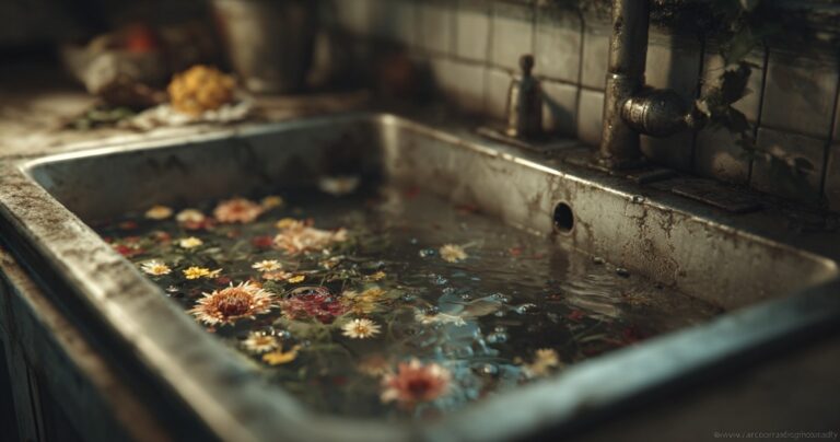 Clogged kitchen sink with stagnant water