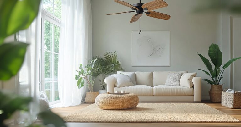 Cool, breezy summer living room with ceiling fan