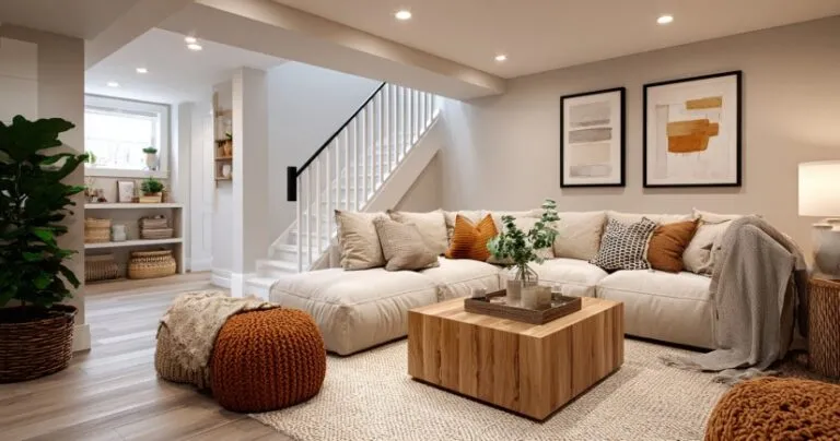 Modern finished basement family room, Terre Haute home