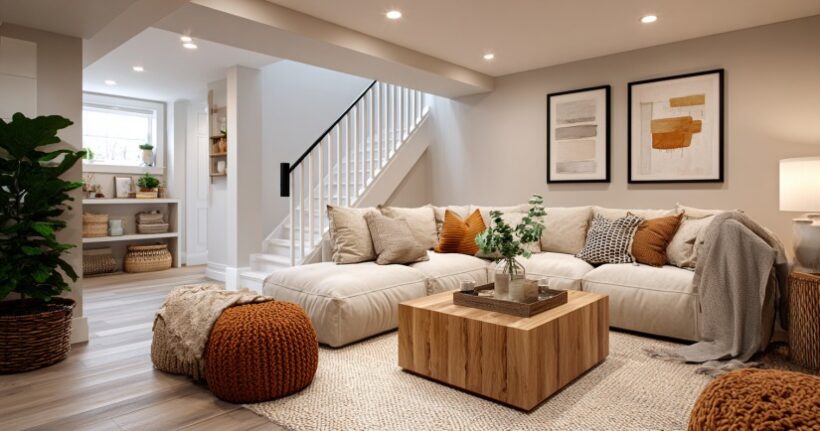 Modern finished basement family room, Terre Haute home