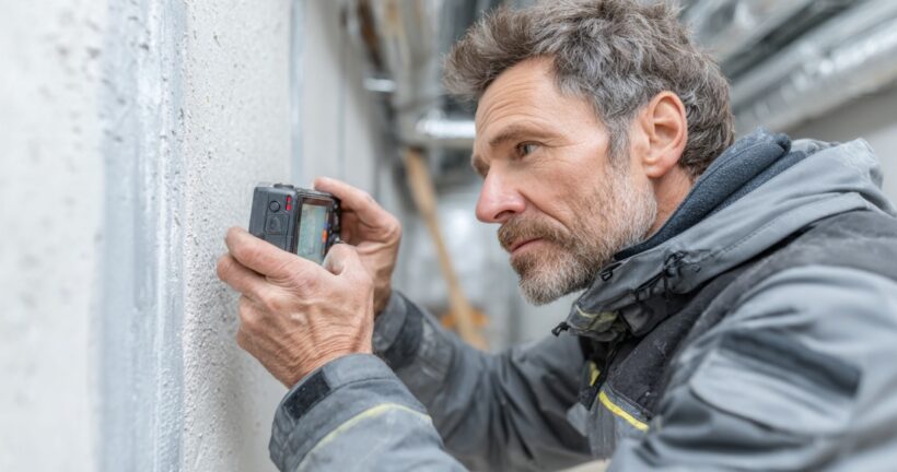 Technician photographing insulation and concealed plumbing for maintenance records