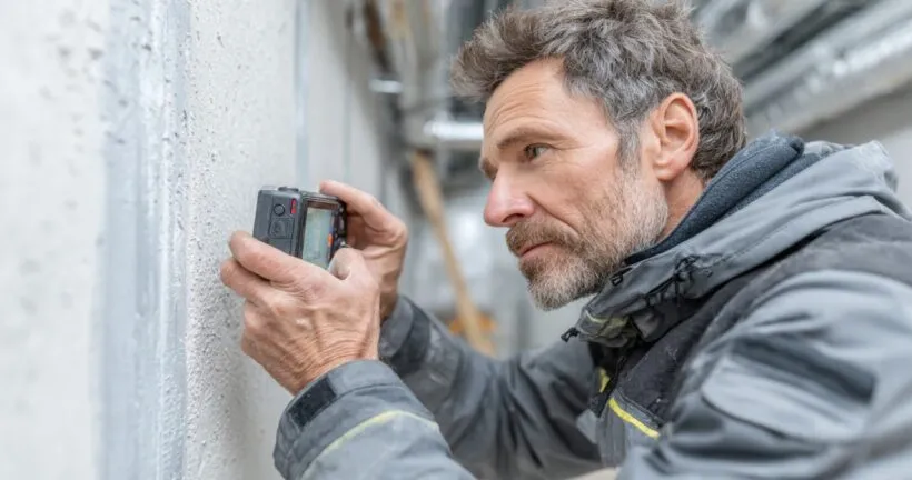 Technician photographing insulation and concealed plumbing for maintenance records