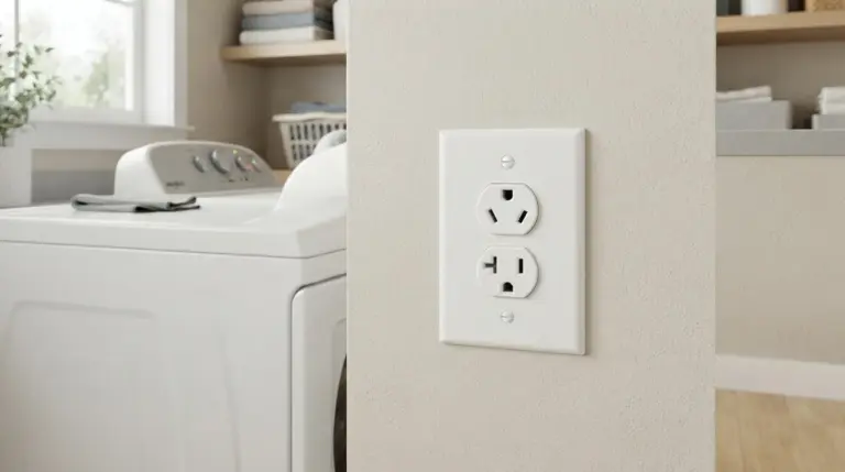 4-prong NEMA 14-30 dryer outlet mounted on a laundry-room wall beside a white electric dryer