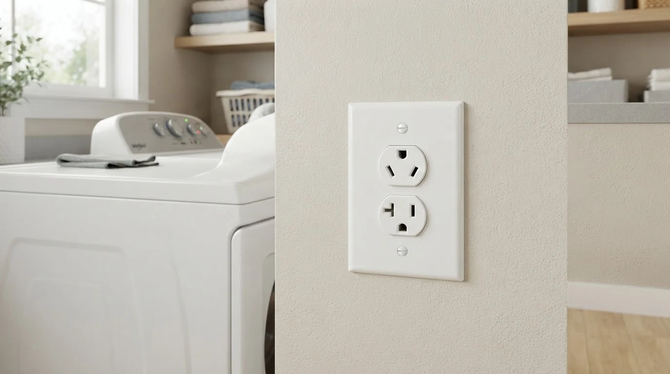 4-prong NEMA 14-30 dryer outlet mounted on a laundry-room wall beside a white electric dryer