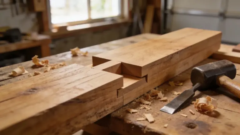 Close-up of a hand-cut mortise and tenon wood joint on an oak workbench with a chisel and mallet