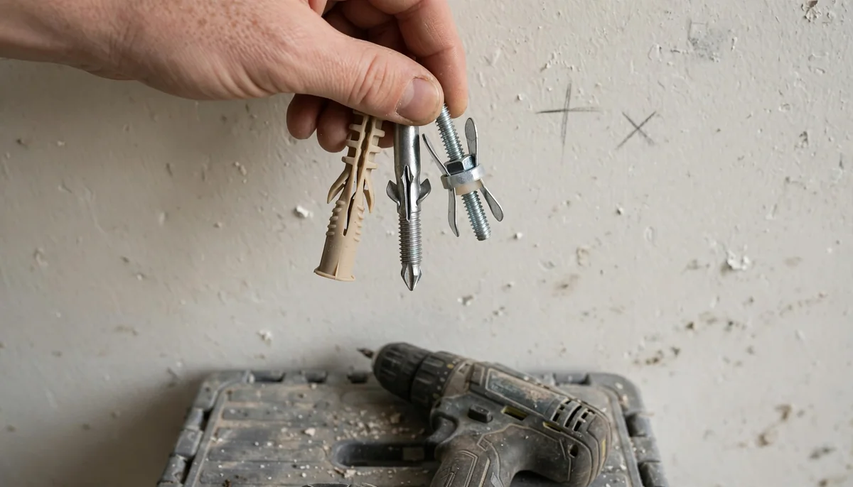 Three drywall anchors held against a marked wall spot