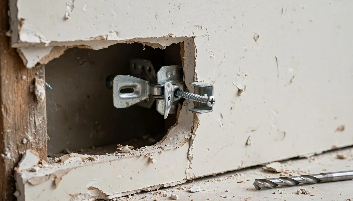 Cutaway showing a toggle bolt opened behind drywall