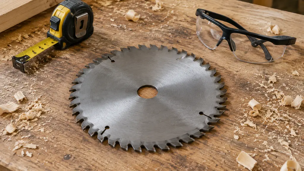 Circular saw blade on a workbench with tape measure and safety glasses