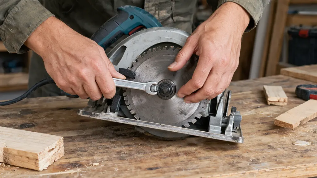 Fitting a circular saw blade onto the arbor with a wrench