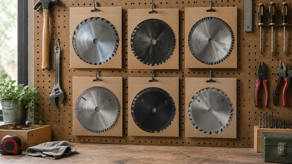 Circular saw blades stored in sleeves on a workshop pegboard