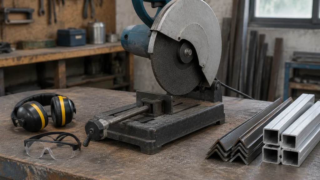 Circular saw with metal cutoff wheel and safety gear