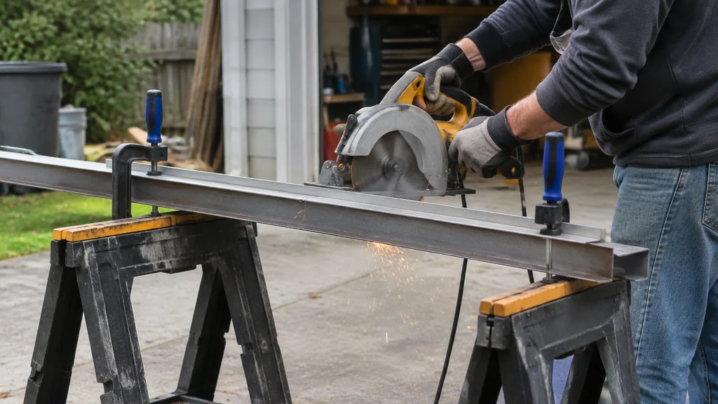 Cutting clamped steel angle iron with a circular saw