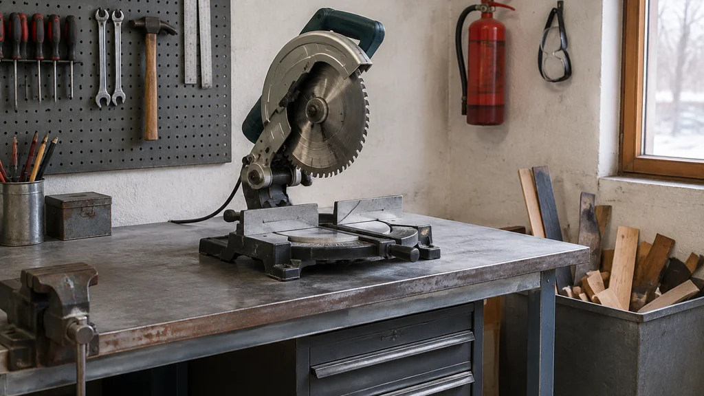 Organized metal cutting bench with safety equipment