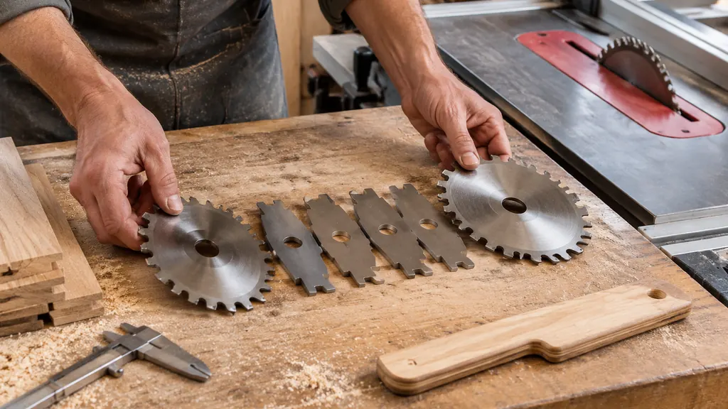 Dado stack blades and chippers laid out on a workbench