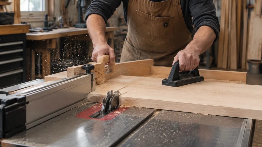 Feeding a board through a table saw dado stack with a push block