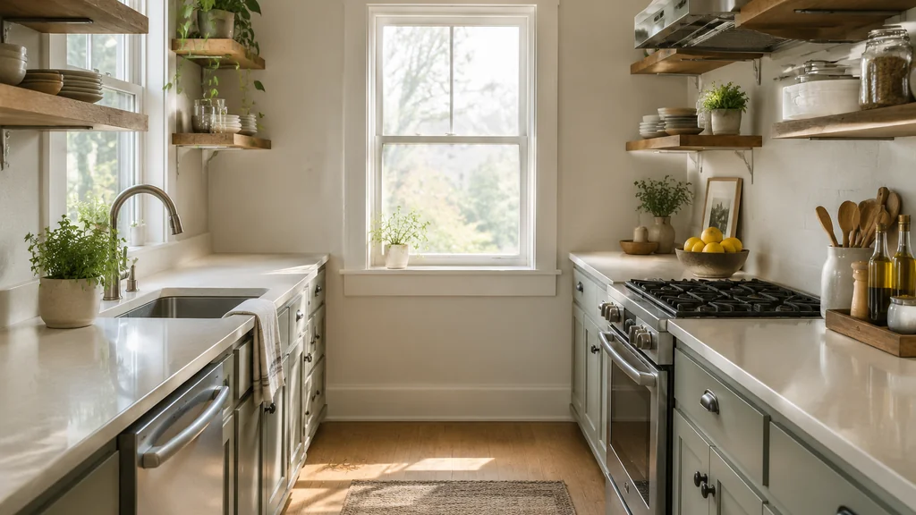 Small kitchen counter styled with a wooden tray and fruit bowl