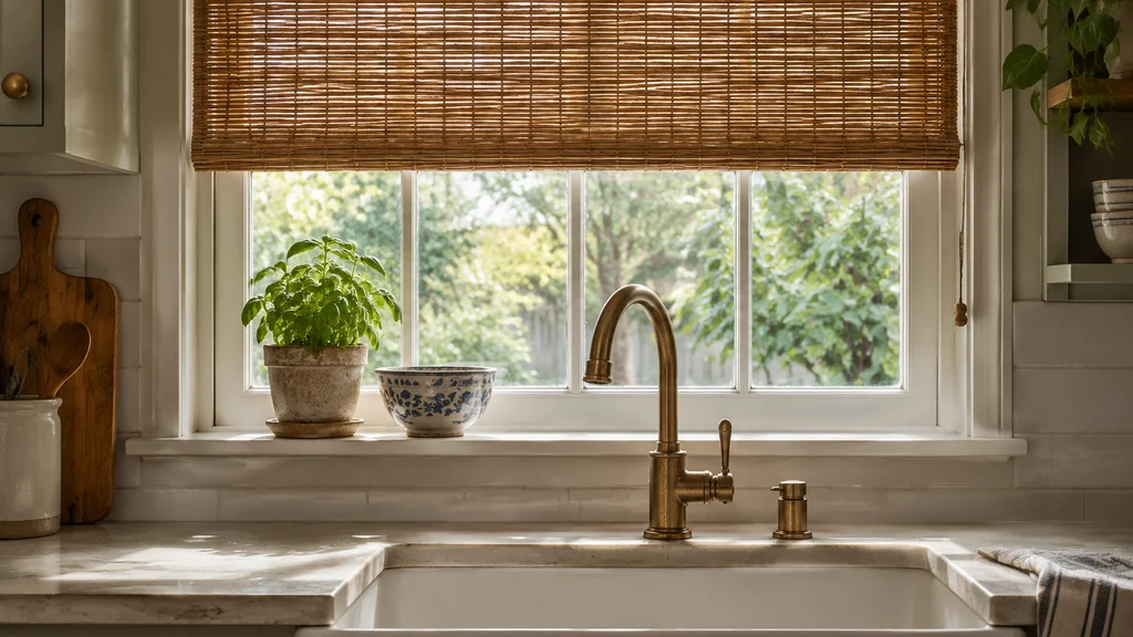 Kitchen window with woven blind and small decorative accessories