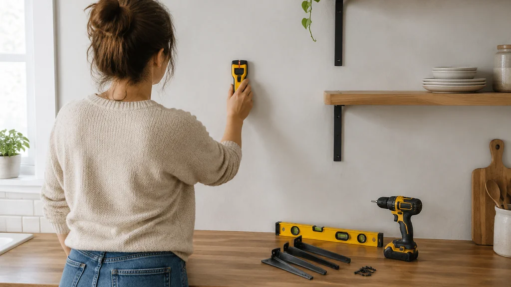 Homeowner checking a wall with a stud finder before hanging shelves