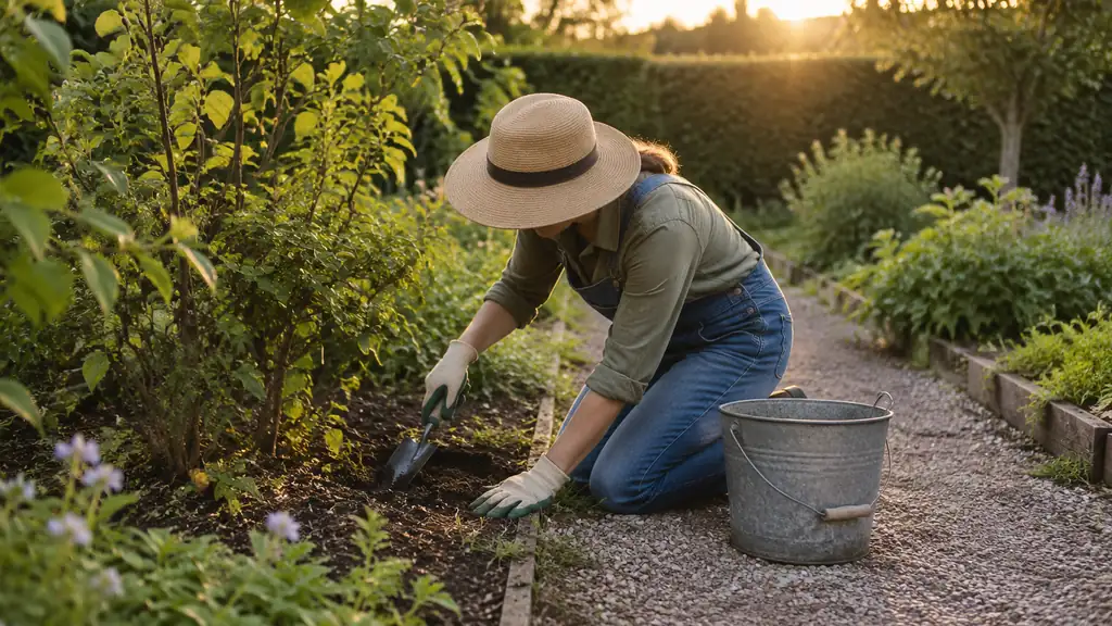 Gardener checking soil and plants during a weekly garden walk-through