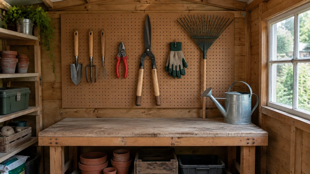 Garden hand tools organised on a shed wall ready for maintenance
