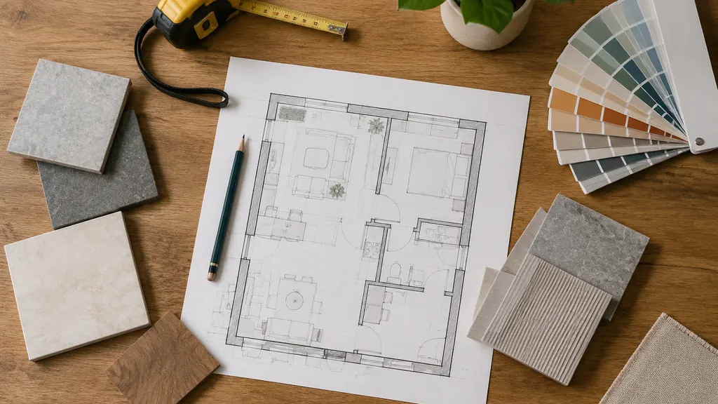 Designer desk with floor plan, tape measure and material samples