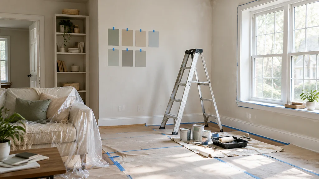 Living room during renovation with ladder and paint samples