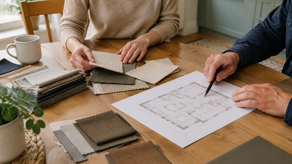 Consultant and client reviewing fabric swatches at a table