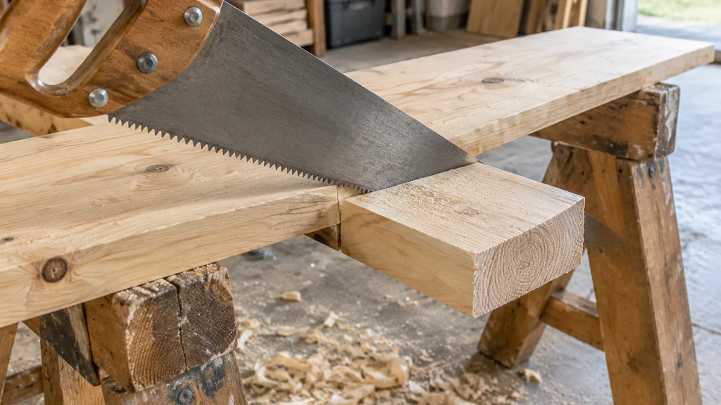 Handsaw cutting a pine board showing the kerf slot