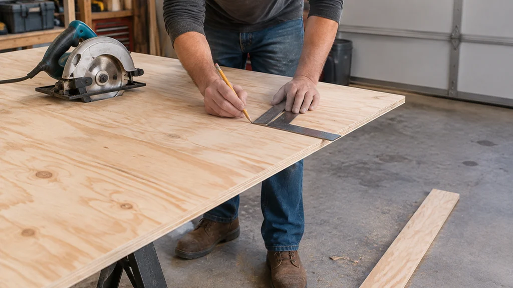 Marking a plywood sheet with a square before cutting