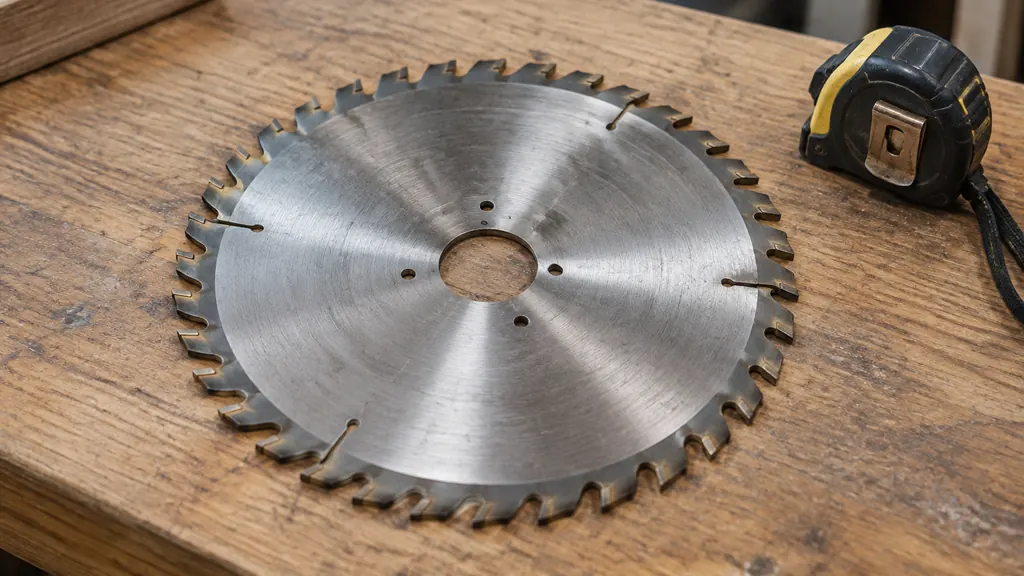 Carbide table saw blade showing tooth set on the bench