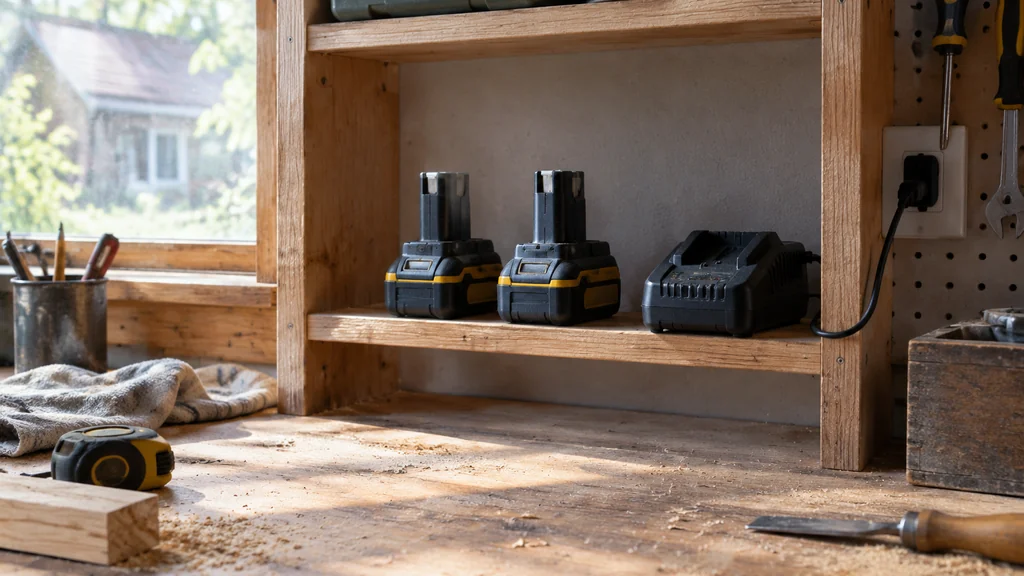 Two lithium-ion tool battery packs on a garage workbench shelf